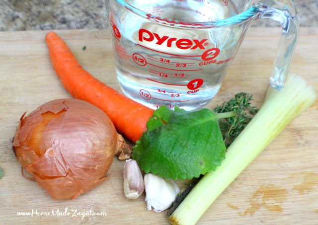 A simple recipe for homemade  vegetable broth or stock using left over vegetables scraps of onions, celery and carrots from your fridge