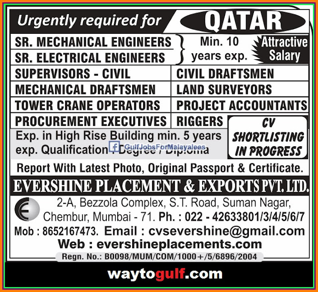 Attractive Salary for Qatar Gulf Jobs for Malayalees