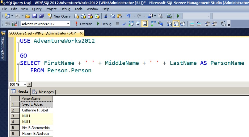 Difference between + operator and concat function in SQL Server 2012 ...