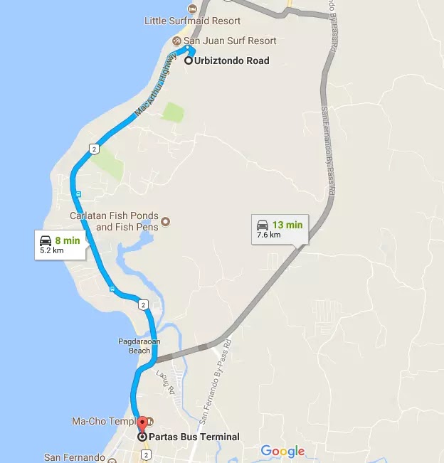 Google Maps Partas Bus Station to Urbiztondo Road San Juan San Fernando La Union Region I Philippines
