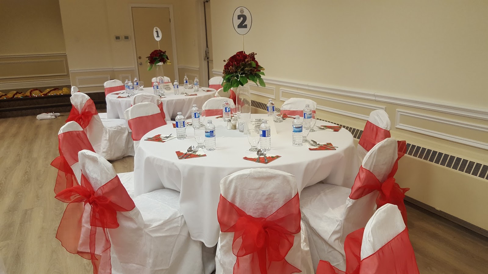 CHAN PARTY RENTALS TABLE CLOTHS CHAIR COVERS SLASHES TABLE RUNNERS FLOWER DECORATIONS