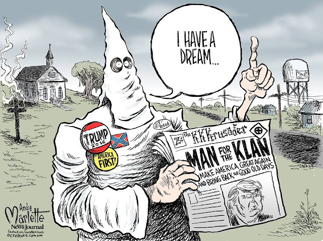 Image of KKK member holding KKK newspaper that endorsed Donald Trump