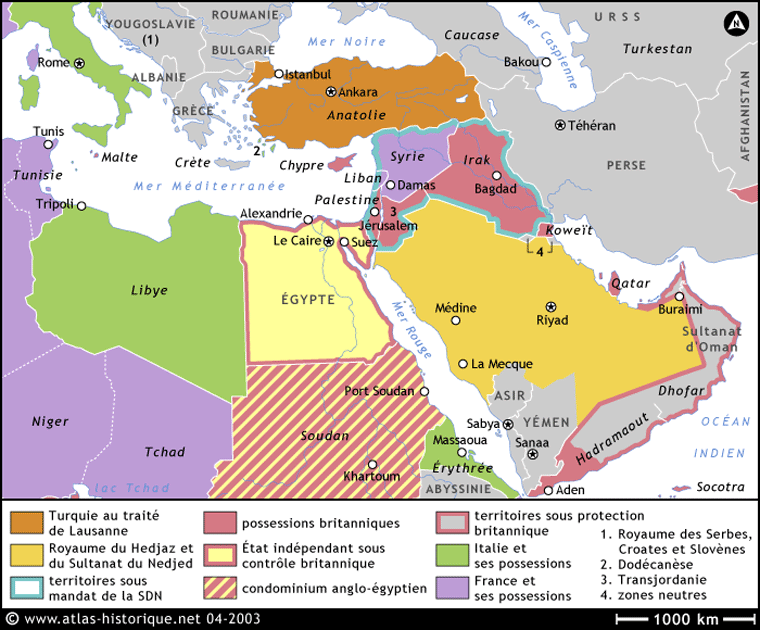 Historia.: Mapa de Oriente Medio tras a 1ª Guerra Mundial.