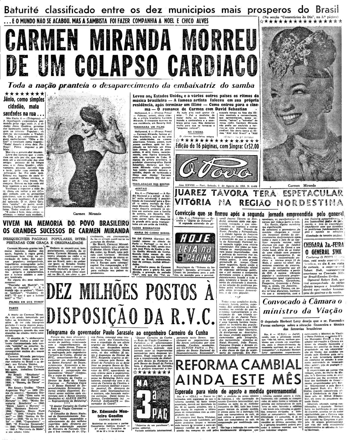 ACERVO Há 61 anos, Morte de Carmen Miranda ACERVO Há 61 anos, Morte de Carmen Miranda
