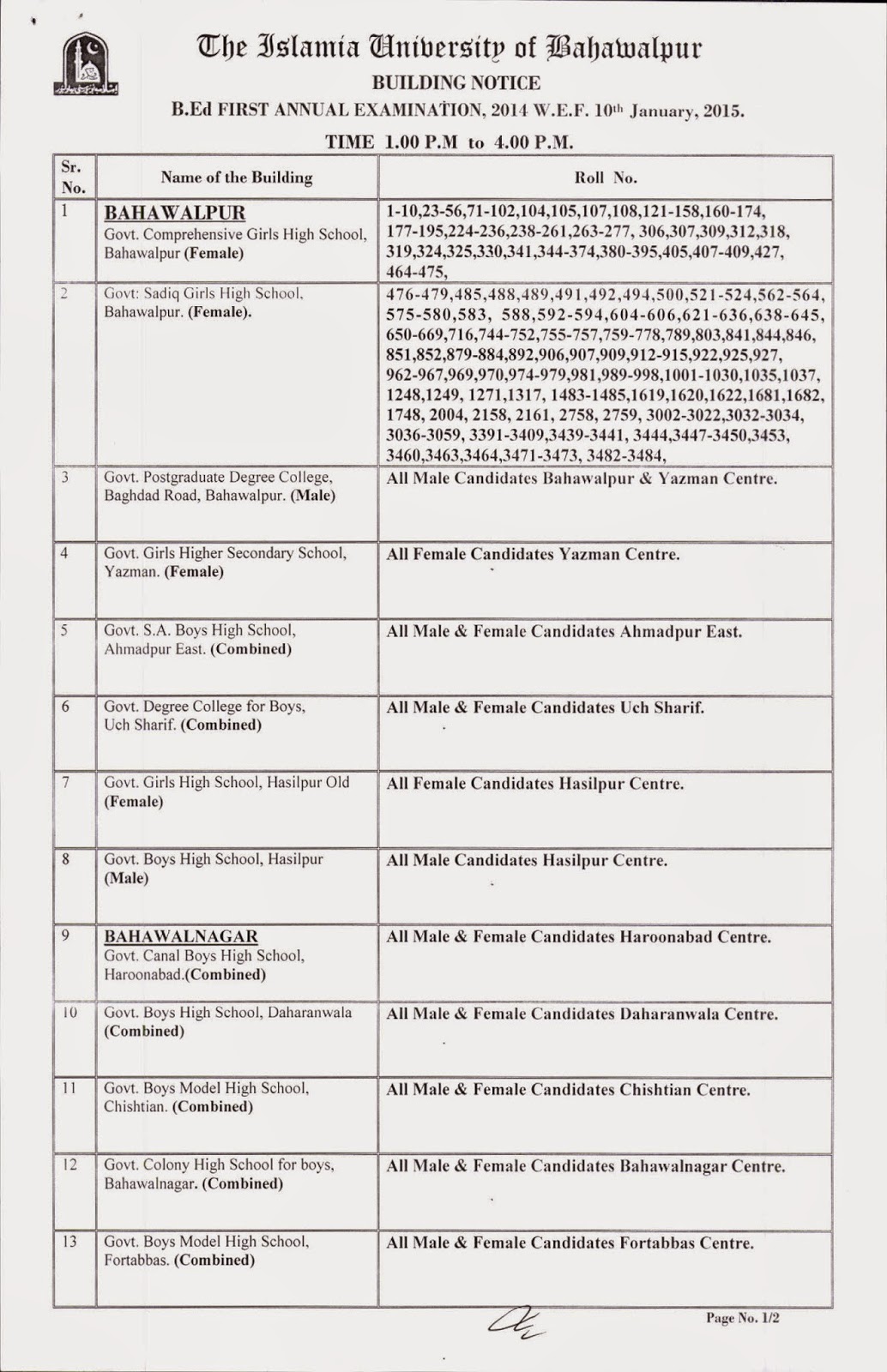 Revised Date Sheet B.ed & Building Notice of B.ed First Annual