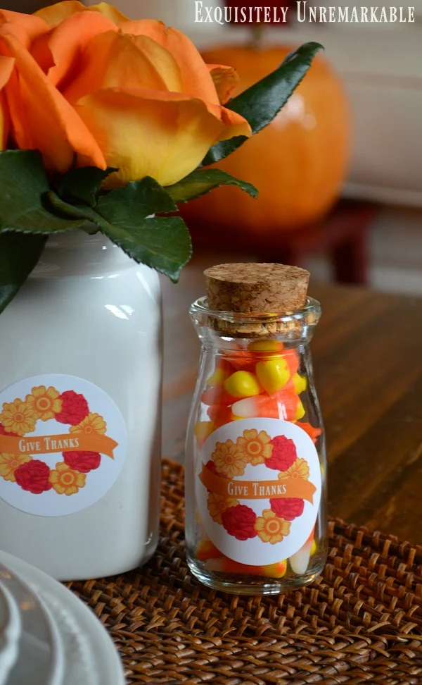 Give Thanks Round Printable on mini milk bottle and ceramic mason jar