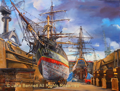 Plein air oil painting of tall ships James Craig and HMB Endeavour in Garden Island Drydock painted by industrial heritage artist Jane Bennett