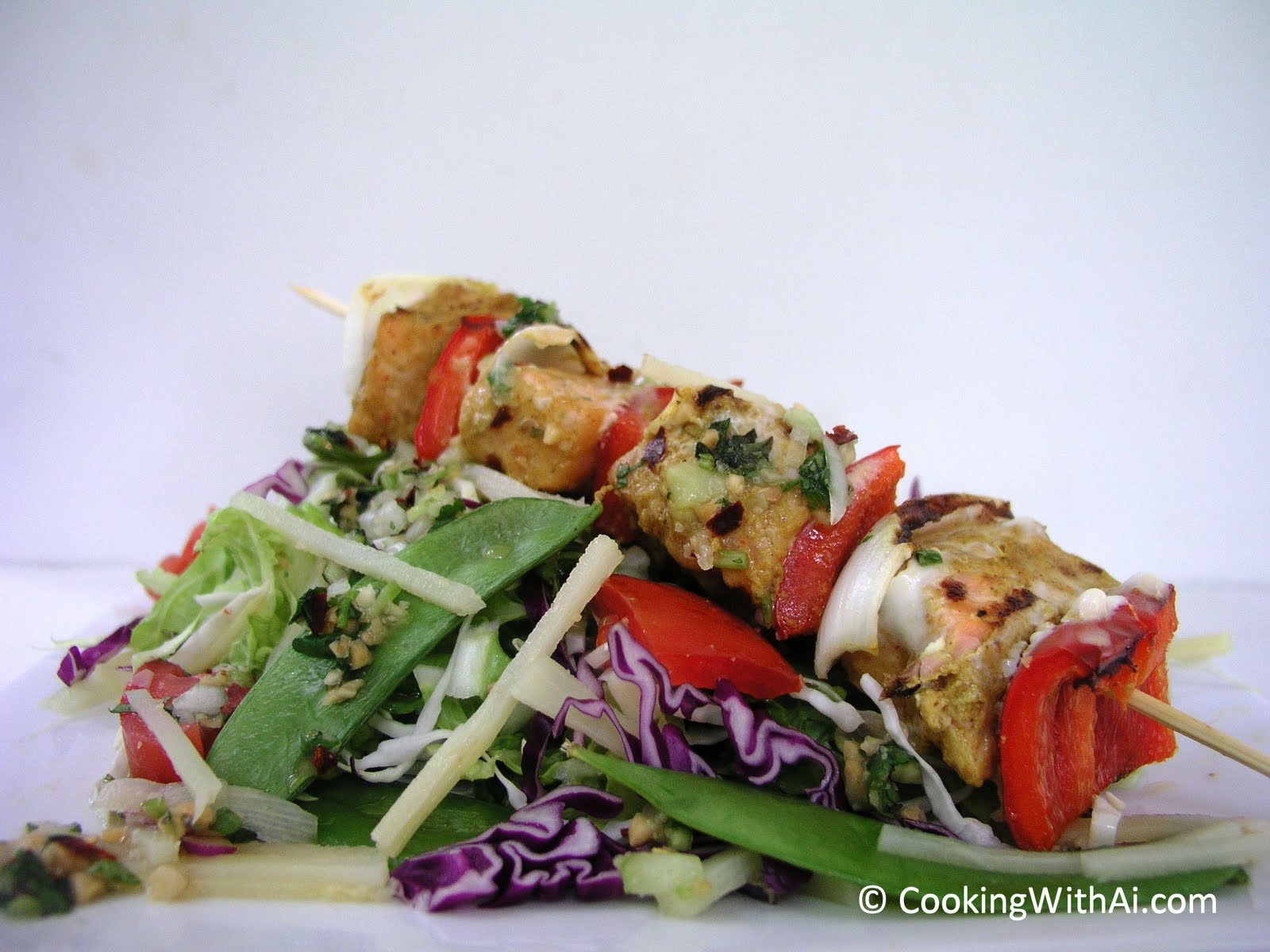 Cooking with Ai Salmon Satay Skewers w/ Napa Salad & Thai Cucumber Sauce