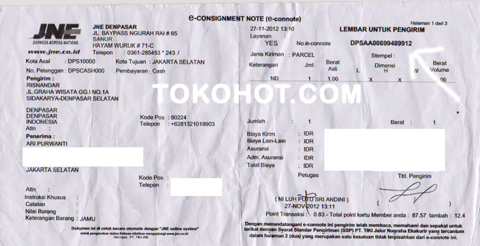 nomor bukti resi pengiriman JNE dan Pos: LADYFEM dan TDM