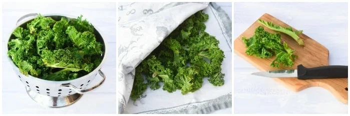 Preparing kale for making kale crisps. Washing, drying and cutting off stems