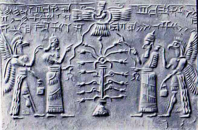 Sumerian-Depicon-of-Anunnaki-Gods-Tree-of-Life-Flying-Saucer-Space-suits-with-eagle-helmets-and-wings