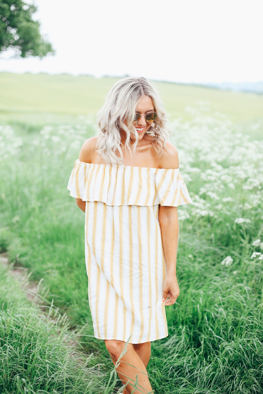 yellow off the shoulder dress