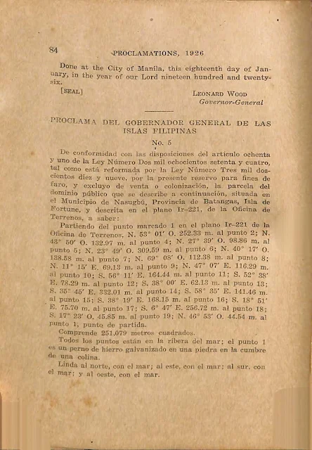 Proclamation No. 5 series of 1926 reserving Fortune Island for lighthouse use, Spanish version.