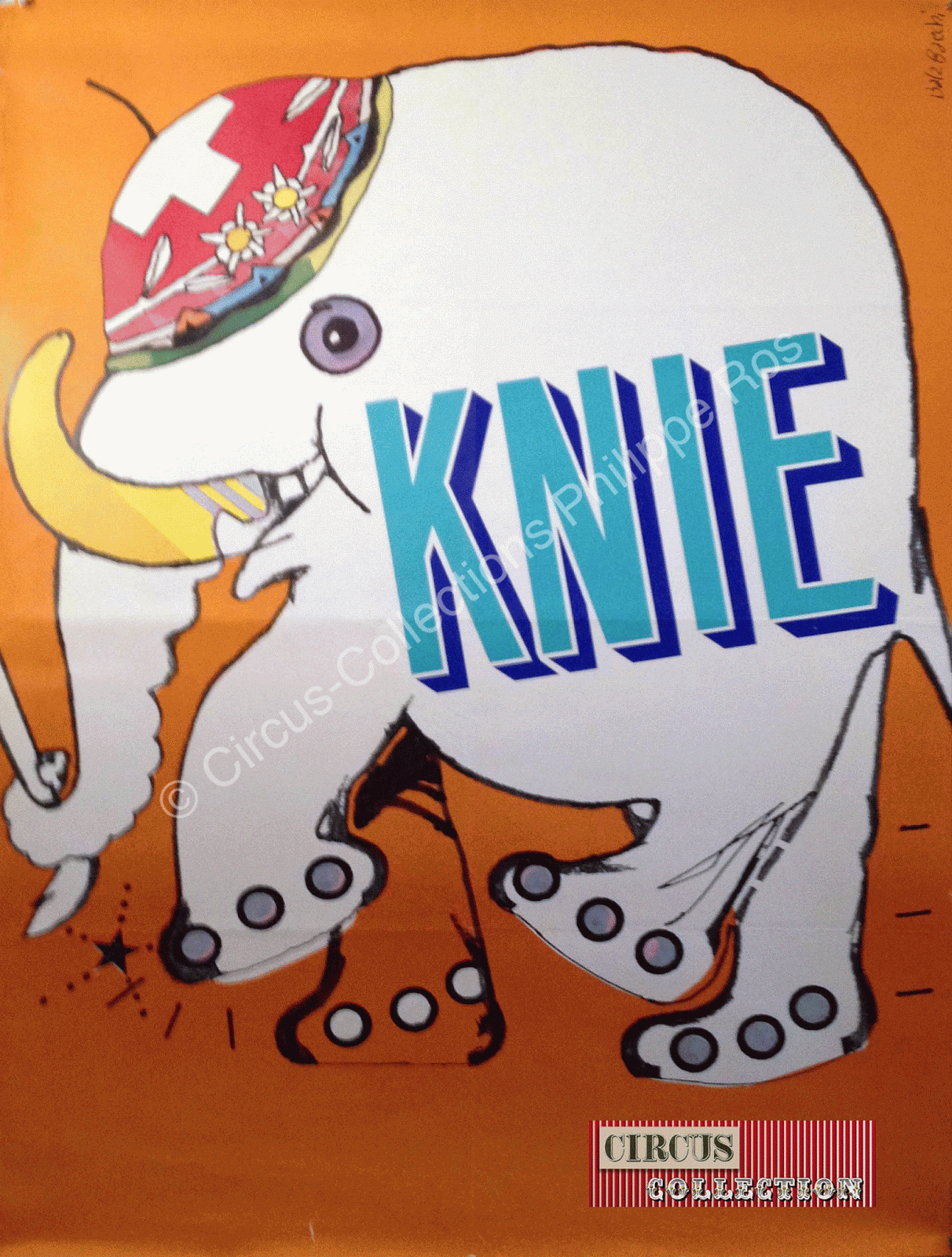 affiche illustrée par un éléphant coiffé d'un béret suisse