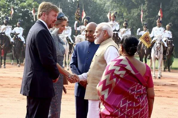 Queen Maxima wore Natan lace dress. President Ram Nath Kovind and First Lady Savita Kovind. Prime Minister Narendra Modi