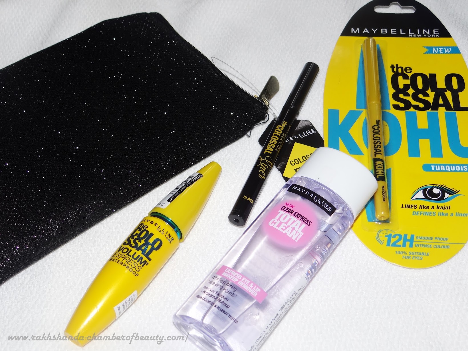 Maybelline NY Colossal Eye Kit- review, swatches, price in India, Colossal kohl, Colossal mascara, Colossal eyeliner, Clean express Makeup remover, Indian beauty blogger