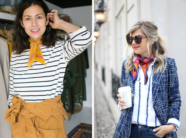 Девушка в тельняшке с шейным платком и в жакете в клетку