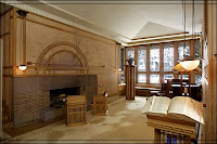 Living room of the Purcell-Cutts house, arts and crafts style with leaded windows and Prairie Style fireplace