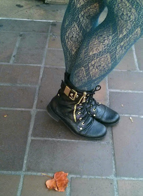 blue printed fishnets with boots