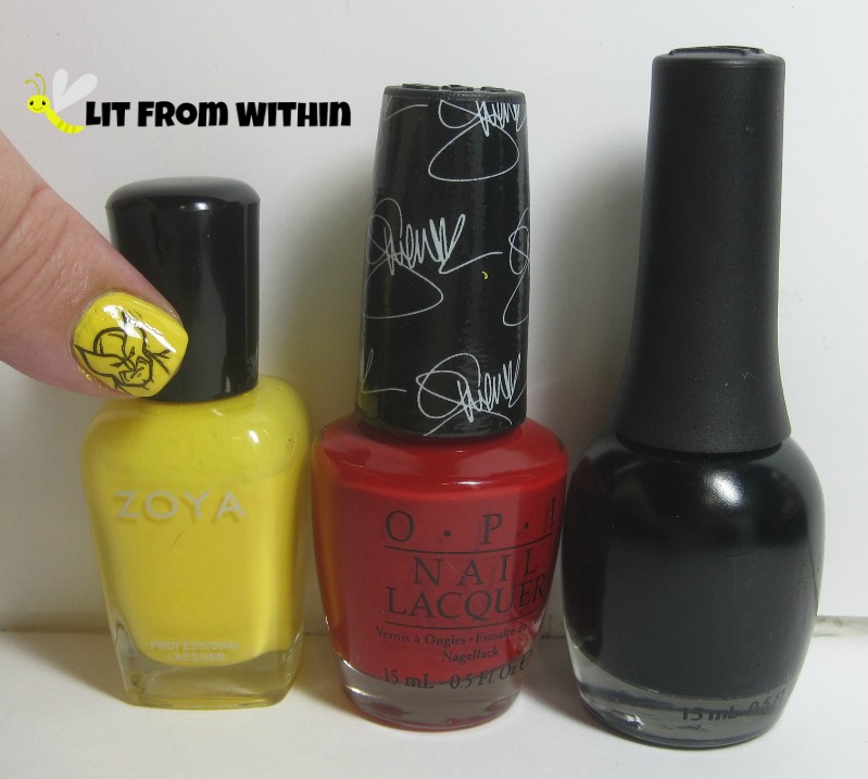 Bottle shot:  Zoya Pippa, OPI Over and Over A-Gwen, and Finger Paints Black Expressionism.