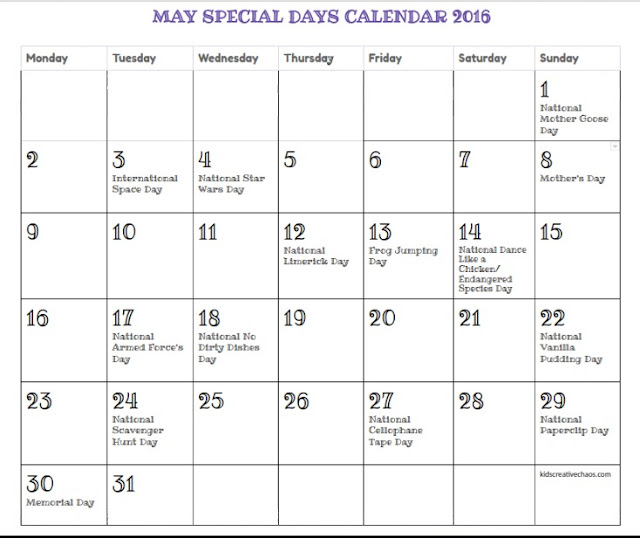 Printable Downloadable Calendar for May Holidays