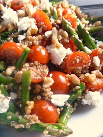 IN-SEASON, FRESH, CRISP vegetables are mixed with quinoa for texture and flavor, then topped with walnuts and feta for another layer of bold flavor.  All of this is drizzled with a reduced balsamic glaze that is TO DIE FOR! Asparagus, Tomato, and Ancient Grain Salad - Slice of Southern
