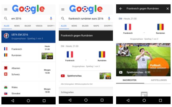 Drei Screenshots zeigen Ergebnisse der Fußball EM in der Google Suche