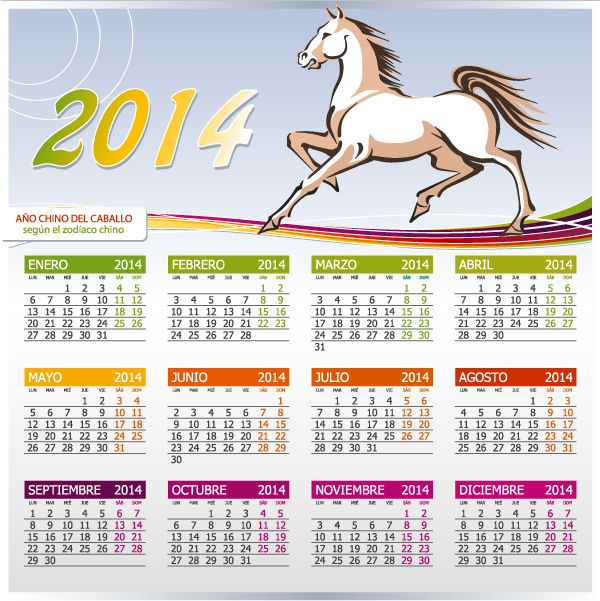 calendario en español 2014 Año del caballo - Vector