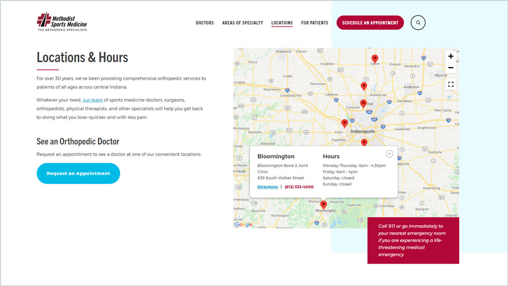 Methodist Sports Medicine locations webpage design example