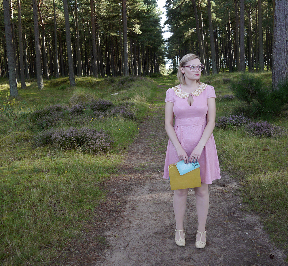 Wardrobe Conversations bloggers in Tentsmuir Forest Moonrise Kingdom costume, fun fashion bloggers, Rowanjoy dress, colourful fashion, quirky fashion, wearable Halloween outfit, Suzy Bishop dress, Suzy Bishop costume, Suzy Bihsop outfiteasy Halloween, Suzy Bishop, Wes Anderson style inspiration, Tentsmuir National Nature Reserve, Tayport photoshoot,