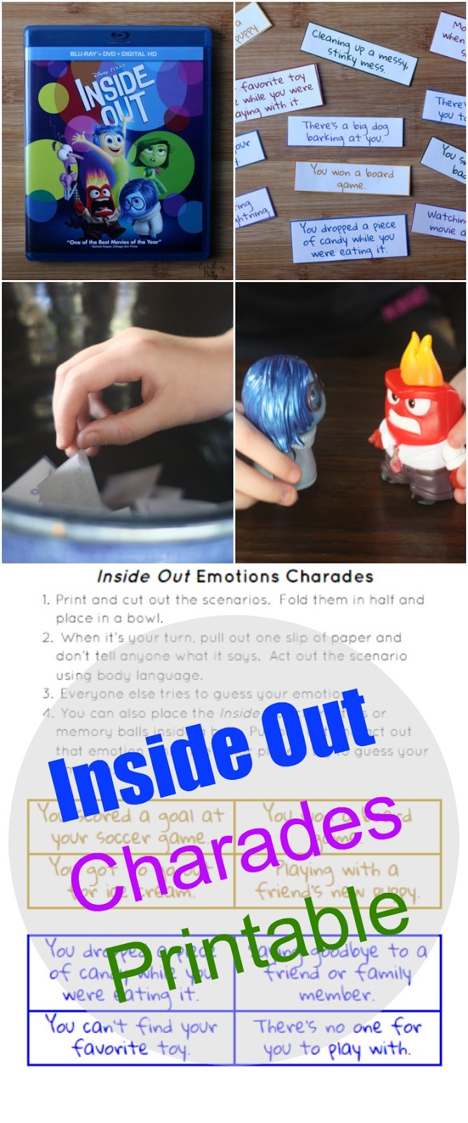 Teaching emotions to children with autism with Inside Out charades.  Includes a free printable.