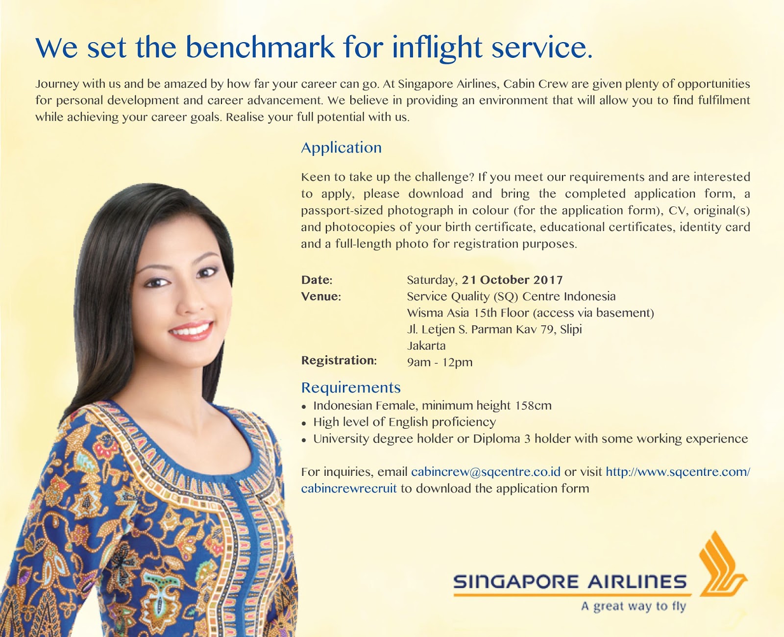 Jakarta Walk In Interview Female Cabin Crew Singapore Airlines