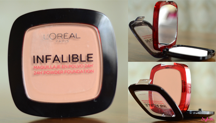 The L'Oreal Paris Infallible Stay Fresh 24 HR powder foundation comes in a sturdy plastic case with a transparent top and a second compartment beneath the pressed powder for a sponge and mirror