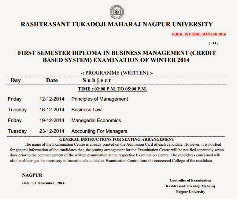 RTMNU TimeTable First Semester Diploma in Business Management (CBS Pattern) winter 2014