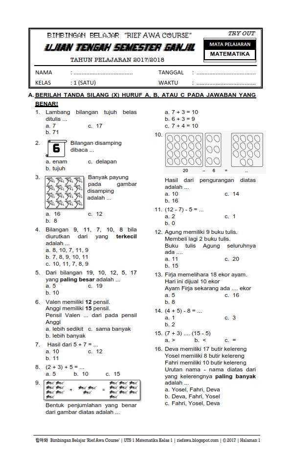 Download Soal Ujian Tengah Semester Ganjil UTS 1 Matematika Kelas 1