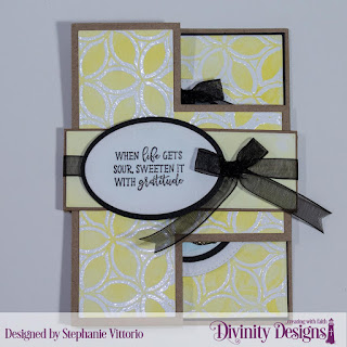Divinity Designs Stamp Set: Lemon Branch, Custom Dies: Belly Band, Half Shutter Card with Layers, Pierced Ovals, Ovals, Mixed Media Stencil: Petals