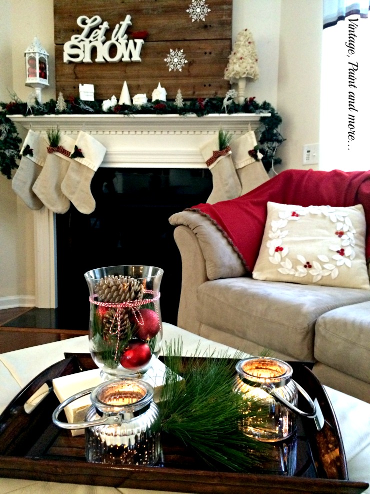 Vintage, Paint and more... Christmas mantel with let it snow theme done with vintage items and diy drop cloth stockings