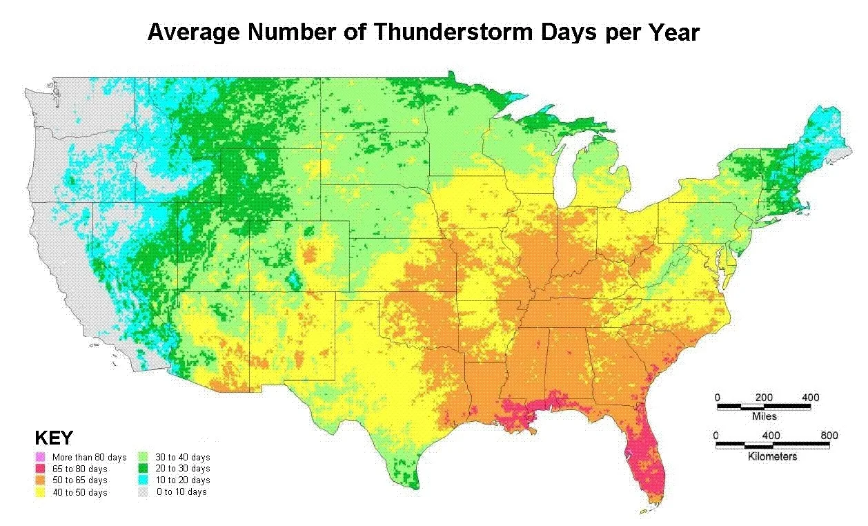 Average amount of thunderstorm days per year with  in the U.S.