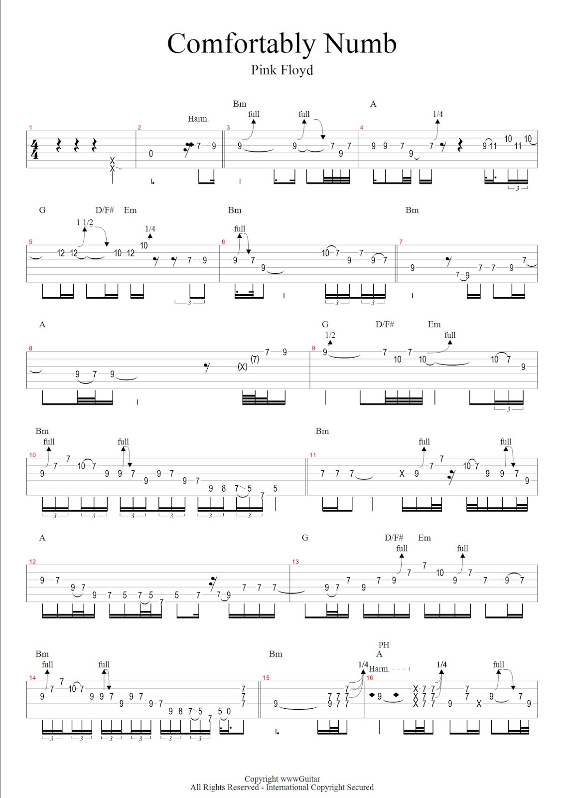 Pink Floyd Comfortably Numb Tab Score