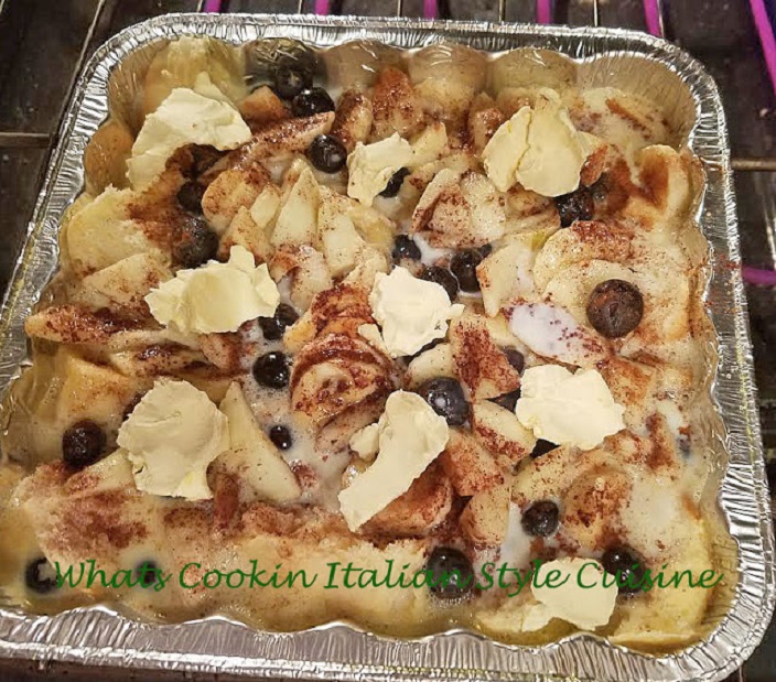 This is an Italian bread usually in the stores around the Christmas holiday made into a french toast with blueberries and apples baked all in one pan for easy throw away clean up