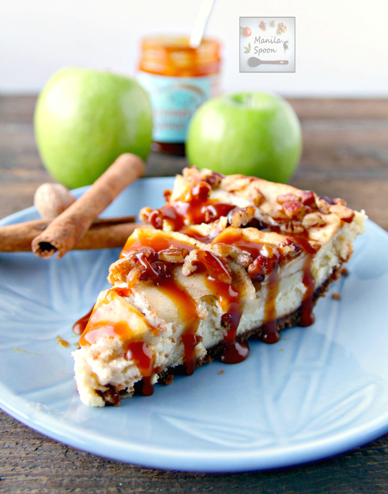 This easy and luscious fruity dessert combines the flavors of Apple Pie and Cheesecake so you can enjoy both! Make it ahead for fuss-free entertaining. Drizzle some caramel sauce on top for extra yum! | manilaspoon.com