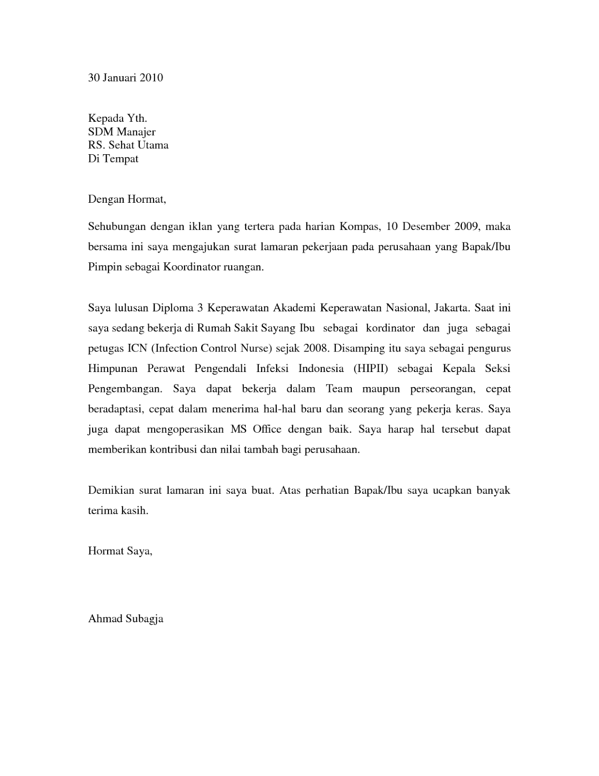 Contoh Surat Lamaran Kerja Dalam Bahasa Inggris Yang Singkat