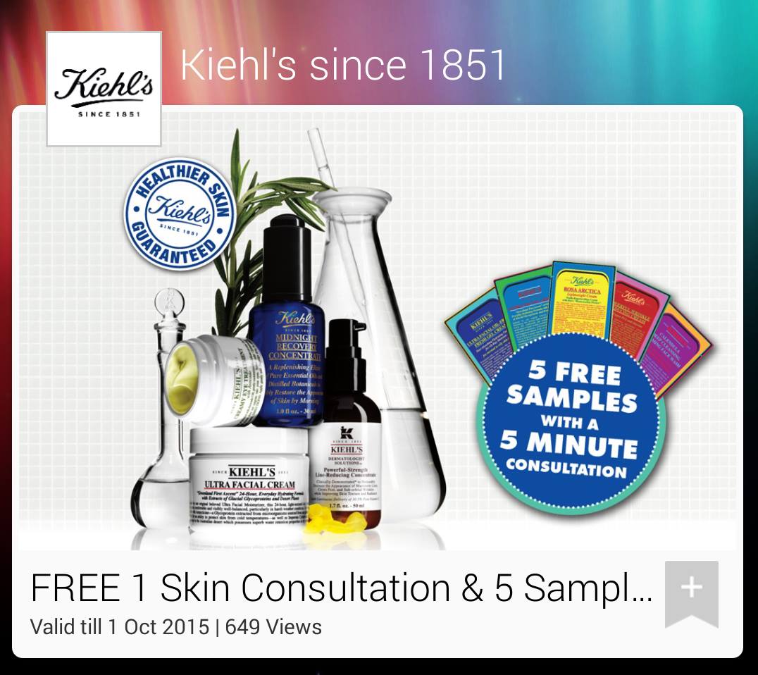 FREE SAMPLE MALAYSIA Kiehl's 5 pieces samples for Samsung Galaxy App User