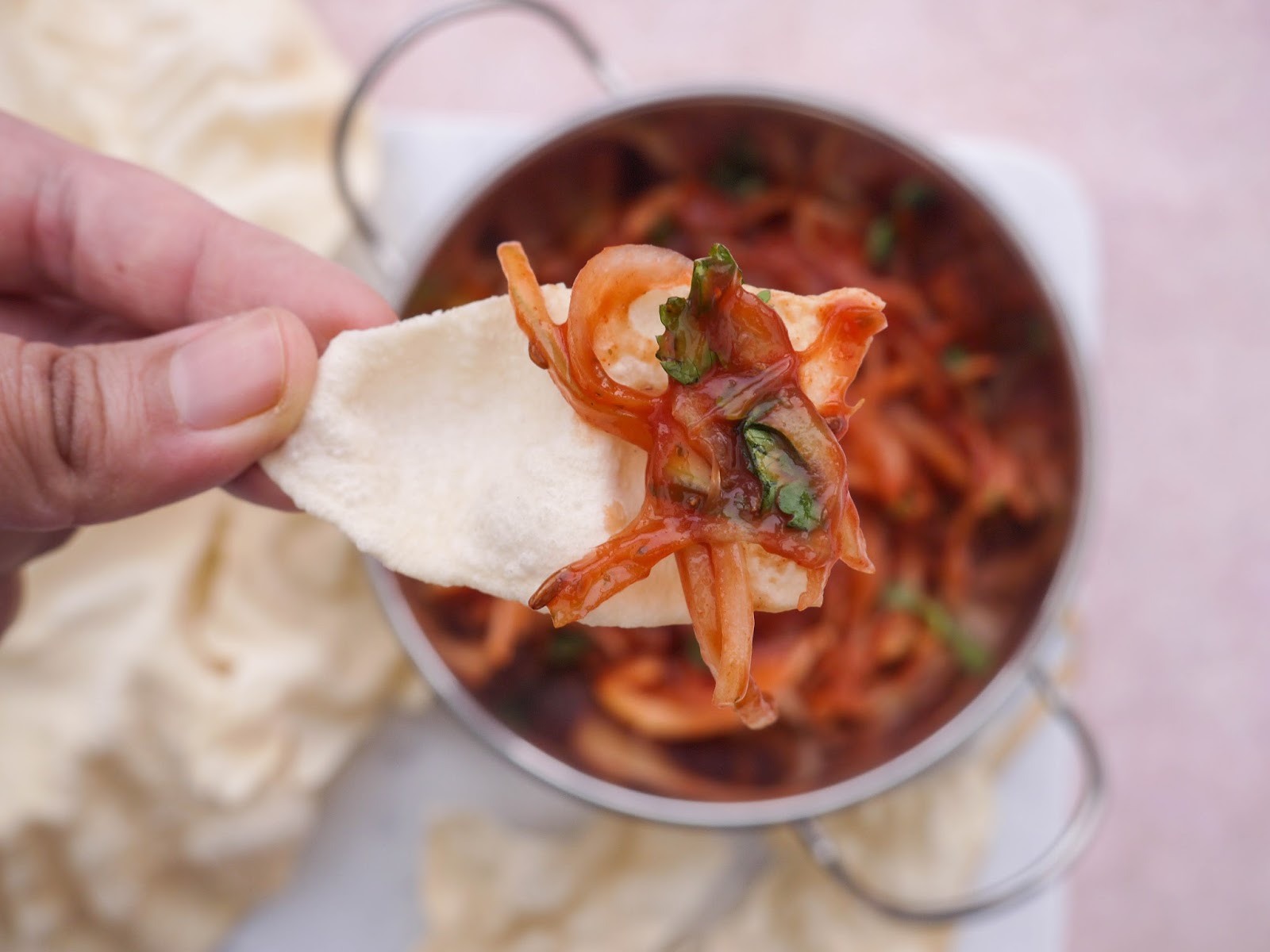 This Muslim Girl Bakes Microwave Poppadoms with Spicy Onion Relish.