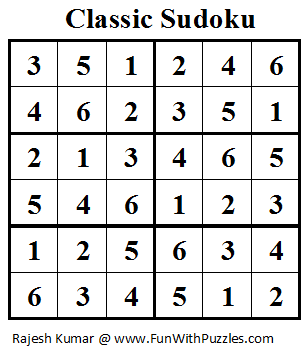 Classic Sudoku (Mini Sudoku Series #12) Solution