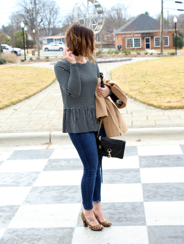 style on a budget, striped peplum top, old navy top, camel pea coat