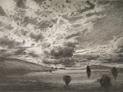 Hill, Field, Clouds - Sketch, Scotland, Katherine Kean, drawing, atmospheric, clouds