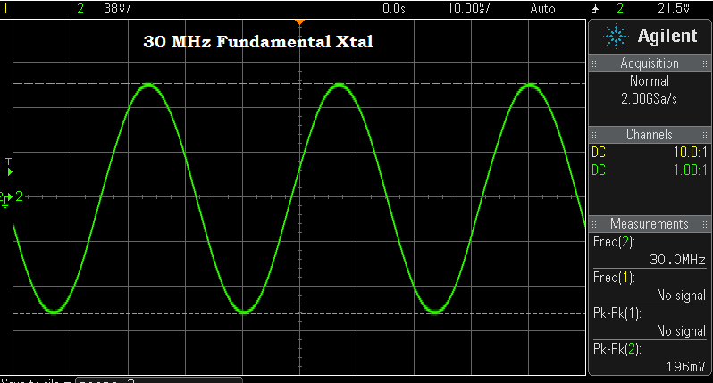 A 30 MHz fundamental crystal in the test oscillator.
