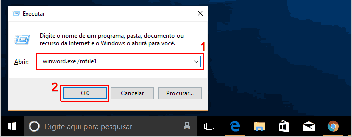 Comando Winword.exe /file1 pelo Executar do Windows