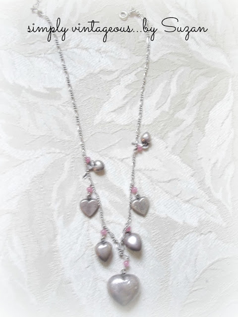 silver, hearts, necklace, pink